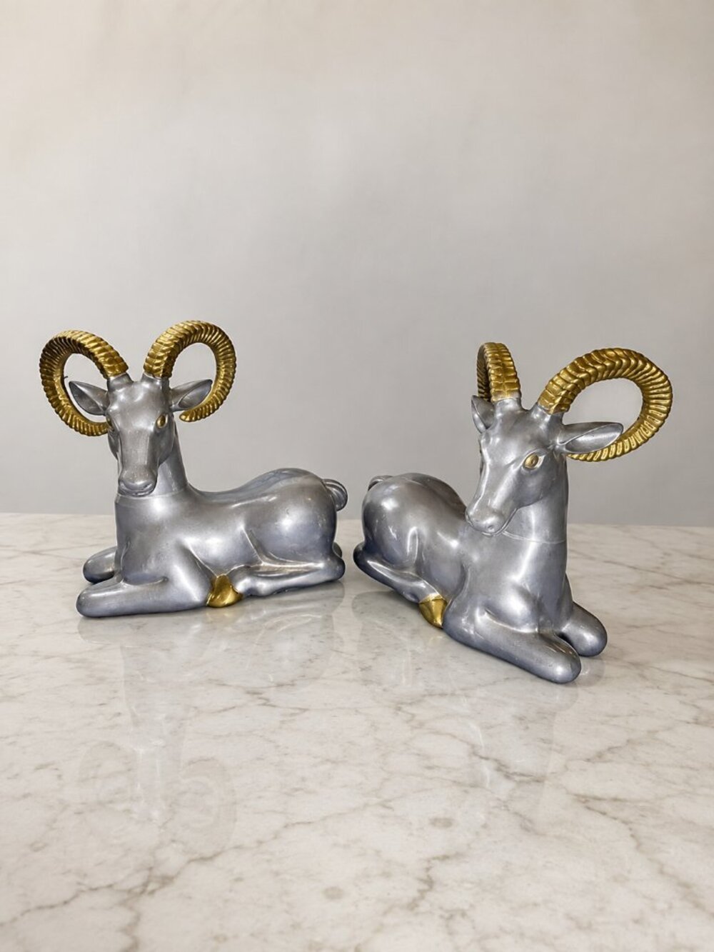 Vintage Anthony Redmile Ram Bookends Brass Pewter Sculpture Hong Kong 1970s Pair